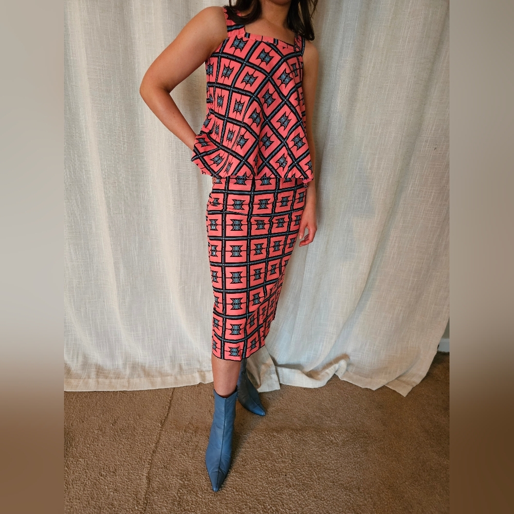 Pink Blue Geometric African Printed Pencil Skirt Set With Strappy Top